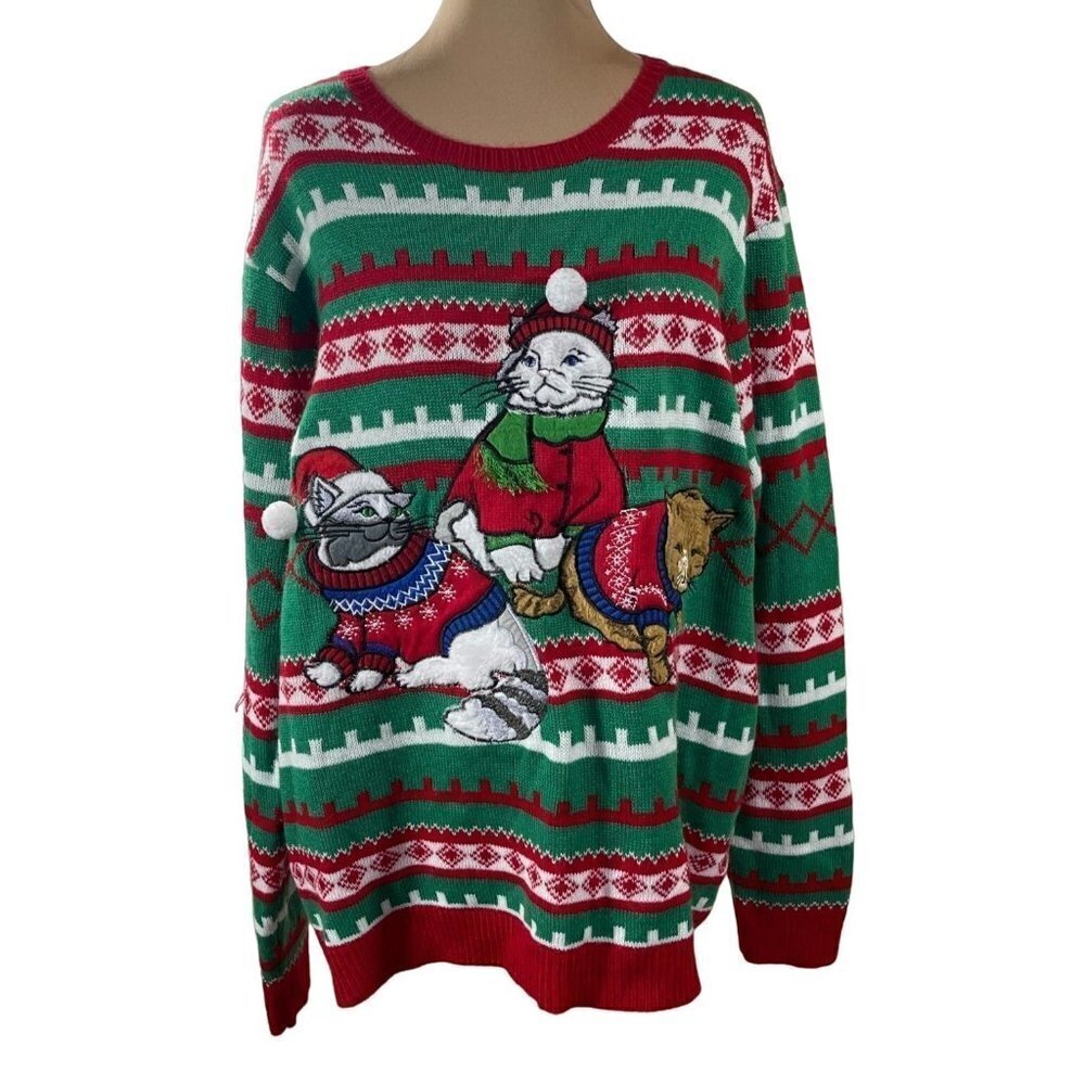 Jolly Sweaters Christmas Sweater Cats Crew Neck Long Sleeve Size 2XL Red Green
